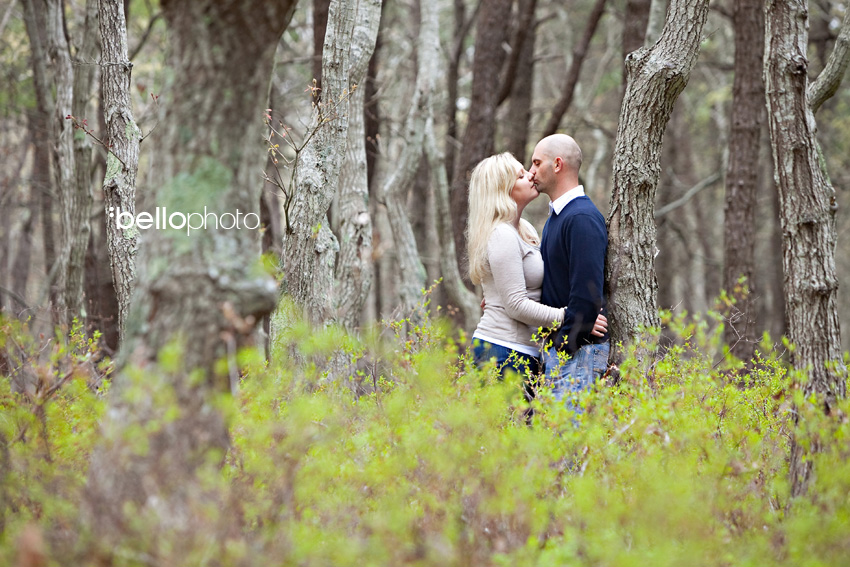 Couple kissing in the Woods, Cape Cod Engagement Session