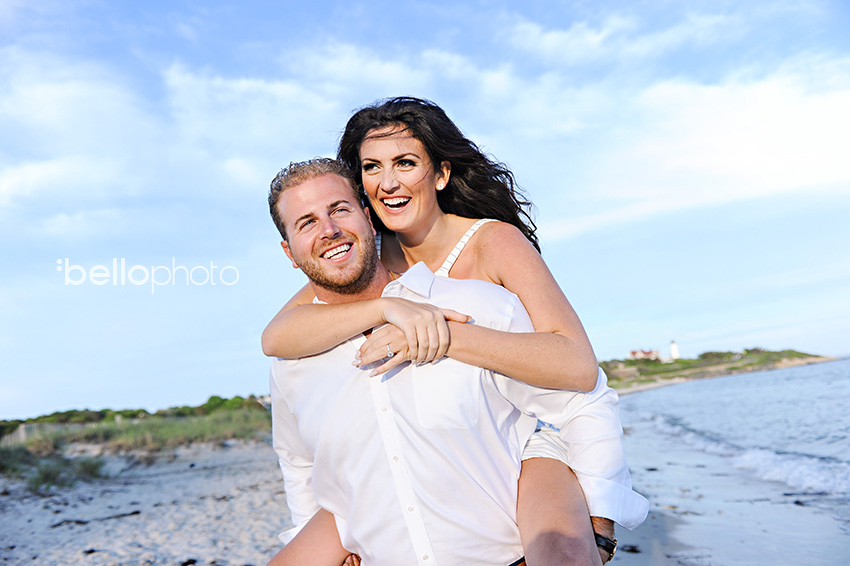 couple in love, piggyback, beach engagement session