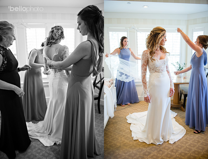 bride getting dressed for wequassett wedding
