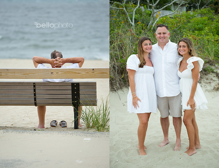 man sitting on bench at beach and man with daughters
