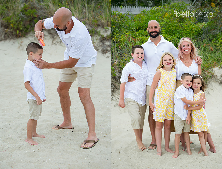 dad brushing son's hair and family at the beach