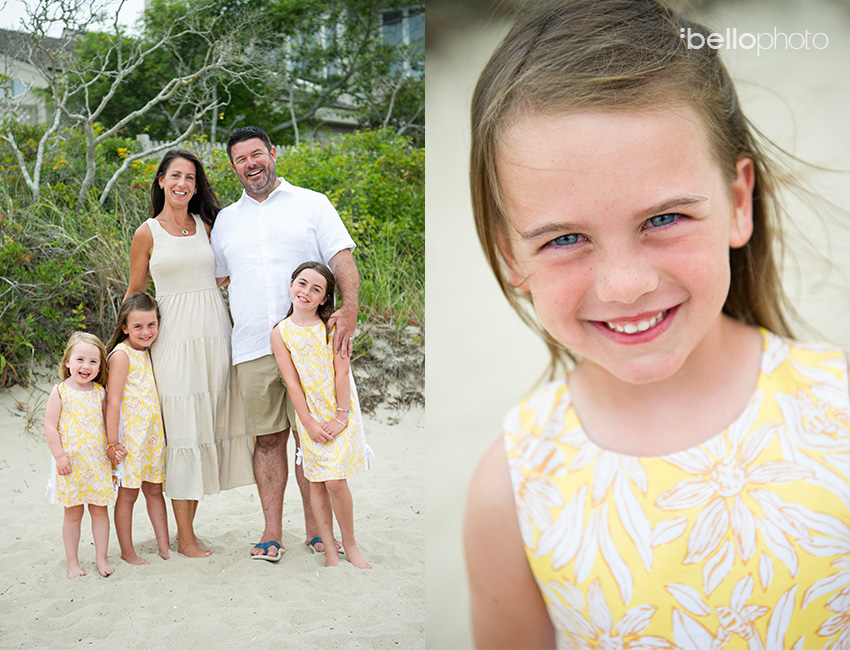 adorable girl close up and family with three adorable daughters at the beach