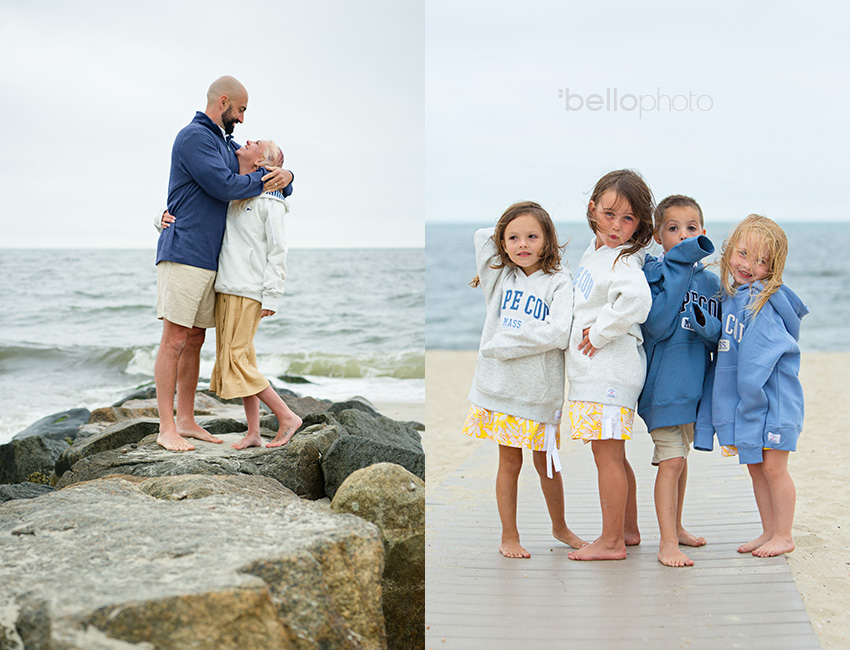 cute couple snuggling on beach jetty and adorable kids posing at beach in cape cod sweatshirts