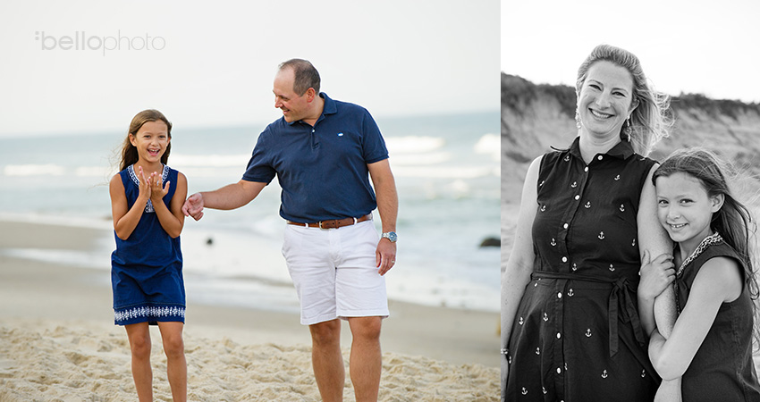Dad congratulating daughter, daughter hugging mom's arm at the beach on Cape Cod