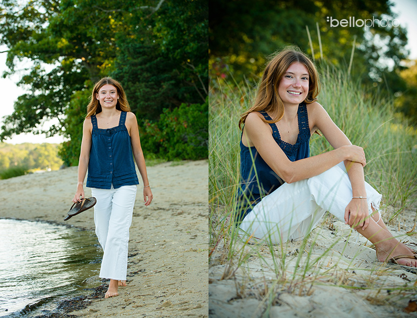 High school senior in beach grass, walking along shore