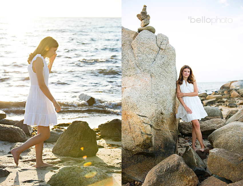 pretty high school senior girl by large beach bolder