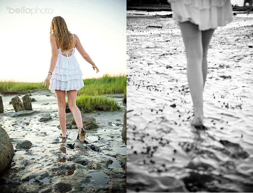 beautiful girl walking in muddy beach flats, beautiful girl at sunset standing in beach grass, beautiful girl playing at beach, Cape Cod senior portrait
