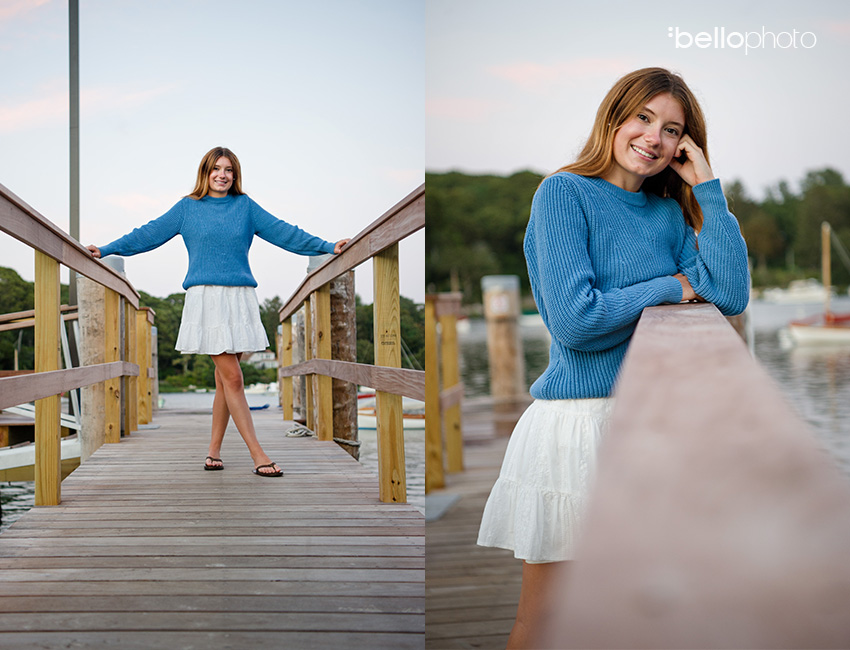 pretty girl high school senior portrait on beach dock
